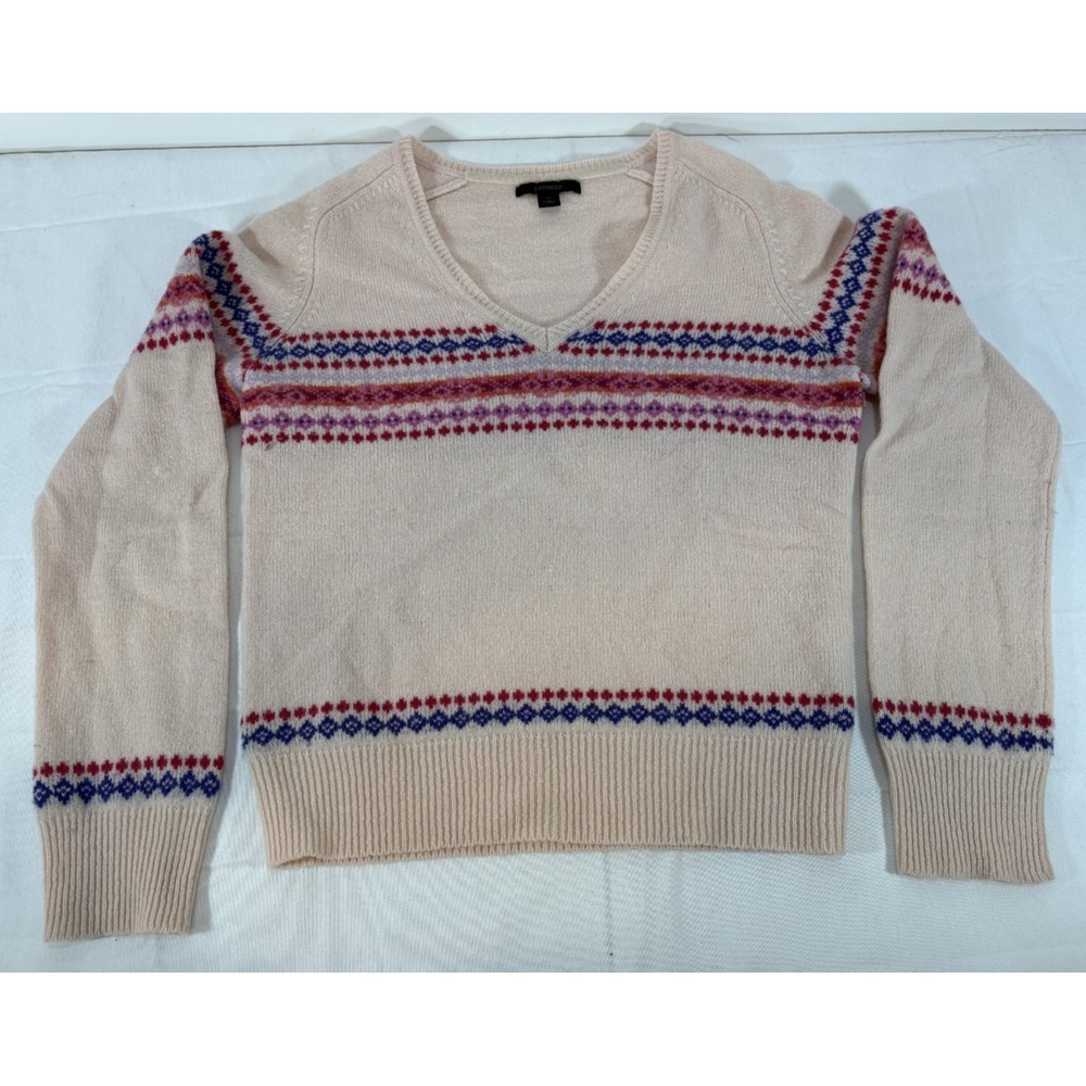Vintage Express Peach Beige Fair Isle 100% LambsWool Women's V-Neck Sweater Sz L